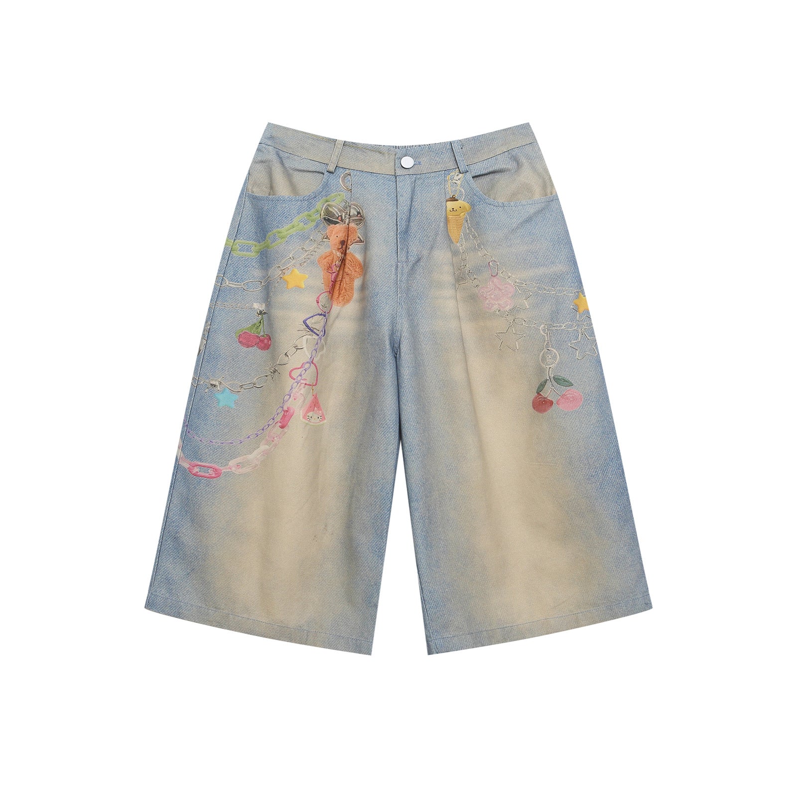 Retro Cartoon Chain Print Loose Wide-Leg Mid-Length Denim Shorts for Men