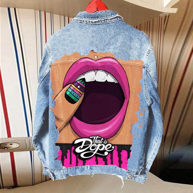 Women's Autumn Hot Selling Street Style Denim Jacket with Tongue Out Print