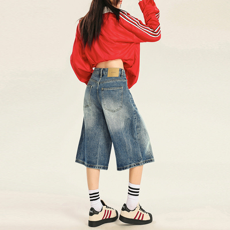 Women's Pattern Seven-Quarter Denim Pants - Washed Straight Leg Trousers