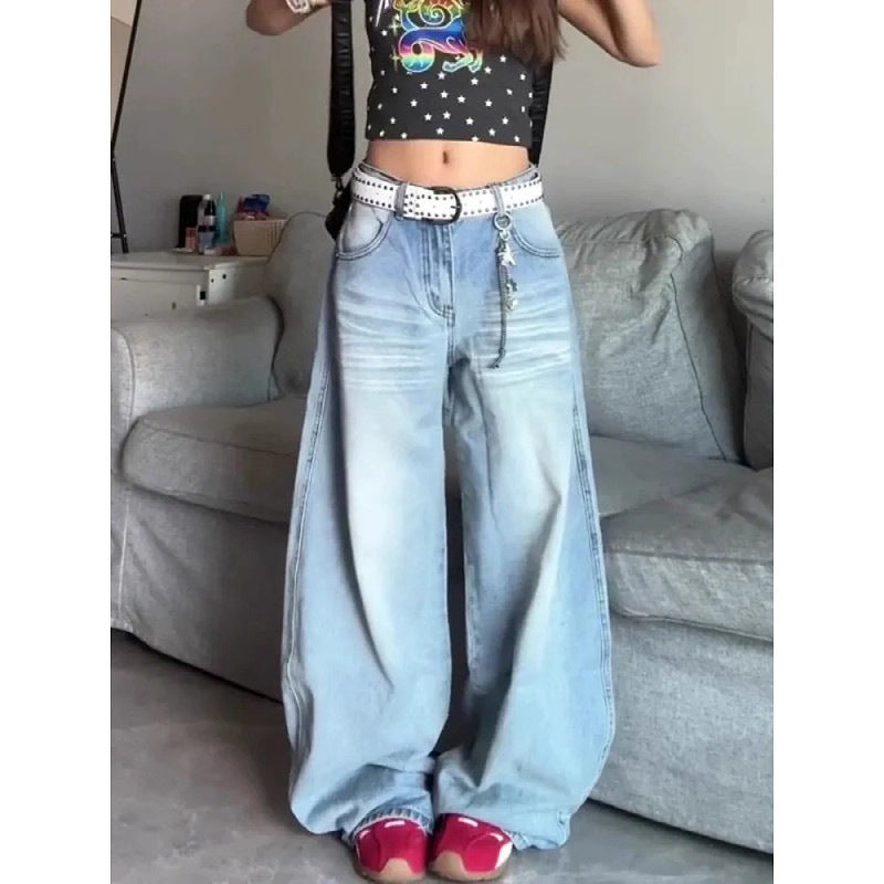 Sweet Cool Embroidered Denim Pants for Women - Loose Wide-Leg Design