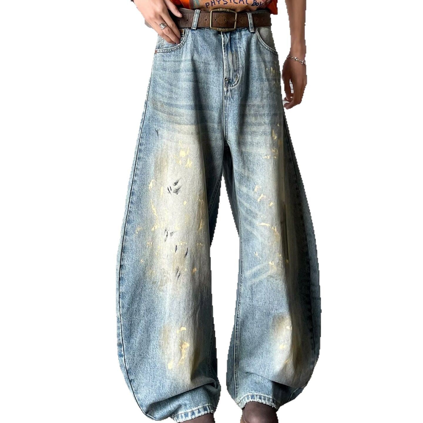 Retro Splash Ink Dirty Dye Destroyed Curved Knife Jeans