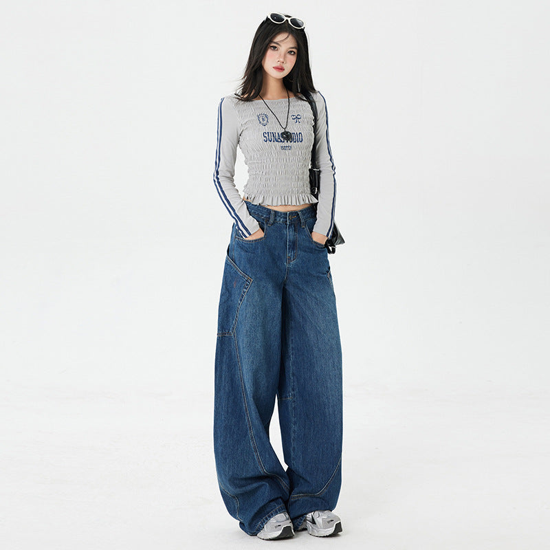 Women's Large Pocket Oversized Knife-Edge Jeans – Loose Baggy Patchwork Wide Leg Pants