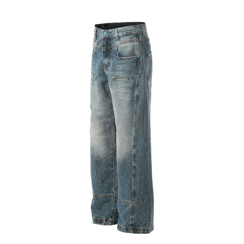 Street Trendy Distressed Denim Pants for Men - Loose Straight Design