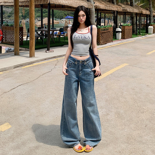 Women's Summer Slim Fit Straight Leg Jeans - Wide Leg Design