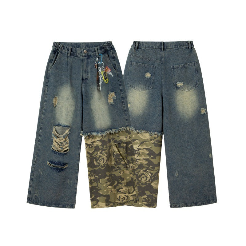 Wear Out Pendant Camouflage Spliced Straight Leg Jeans