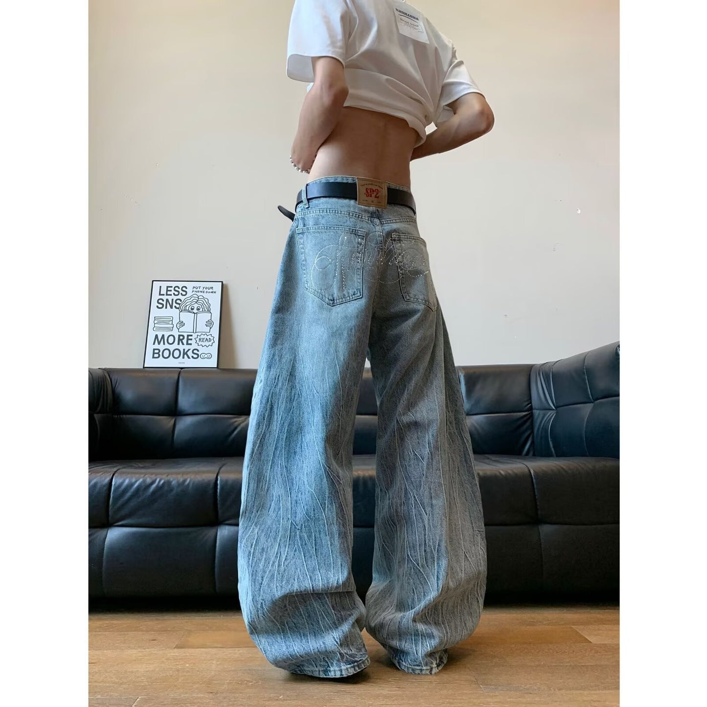 Washed Curved Knife Denim Casual Wide Leg Banana Pants