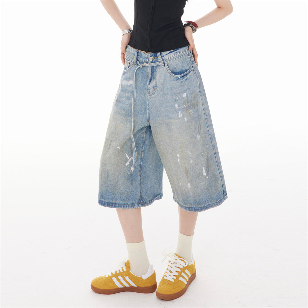 Retro Splashed Ink Design Denim Cropped Shorts