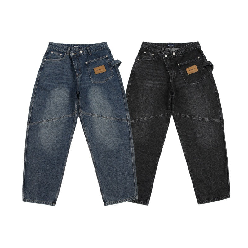 Men's Slant Placket Knife Jeans - Loose Straight Leg Pants