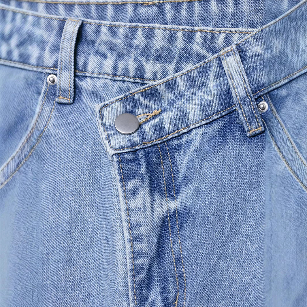 Women's Double Breasted Loose Casual Straight Leg Denim Pants