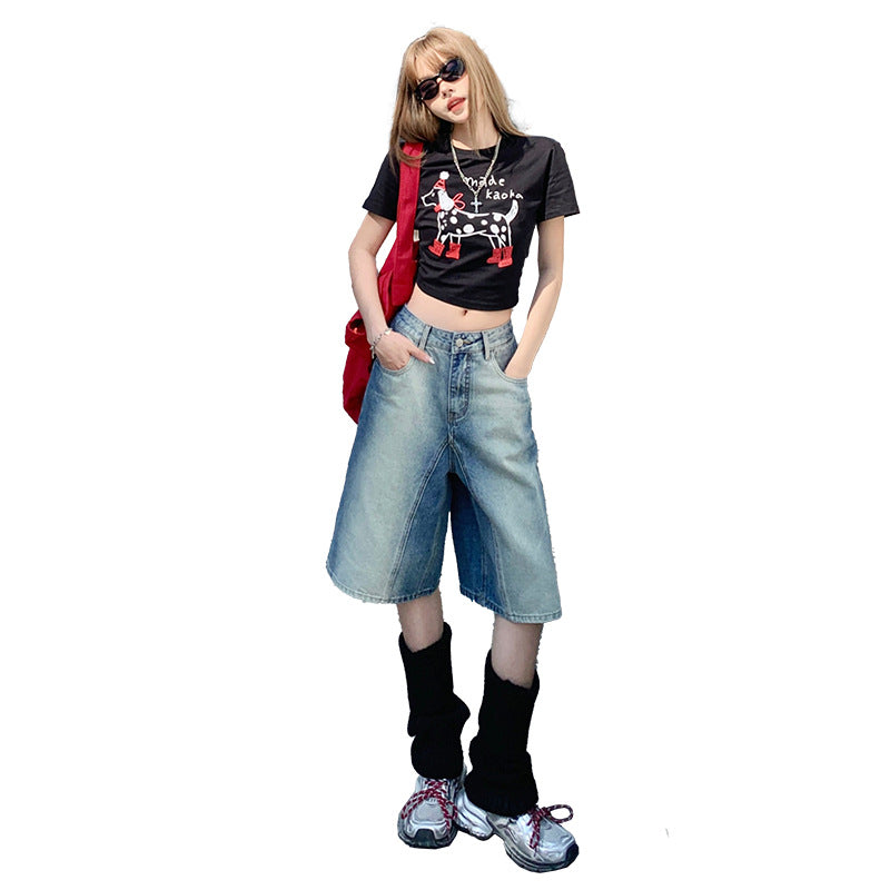 Women's Washed Straight Denim Shorts - Loose Slimming Gradient Color Five-Point Pants