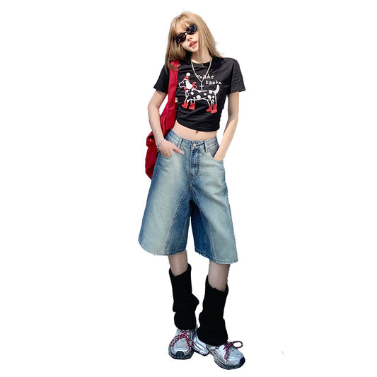 Women's Washed Straight Denim Shorts - Loose Slimming Gradient Color Five-Point Pants