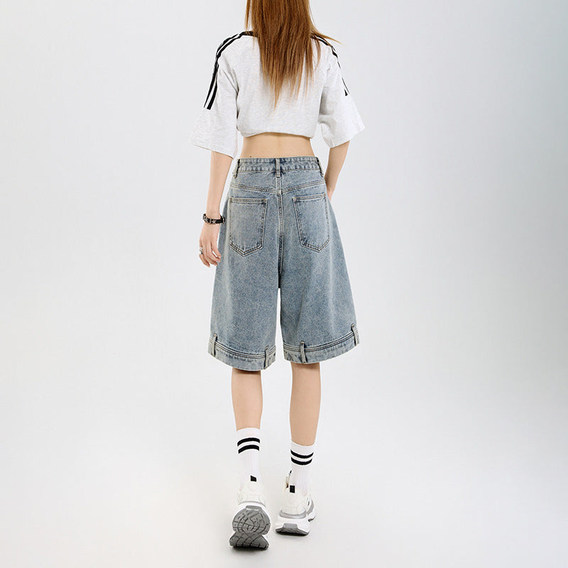 Retro Design Denim Shorts for Women - Loose Five-Quarter Pants