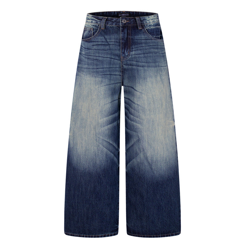 Vintage High-Quality Denim Pants for Men - Washed Gradient Distressed Wide-Leg Style
