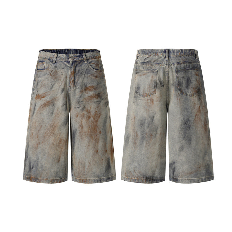 Men's Loose Washed Denim Pants with Pocket Design - Three-Quarter Length Trousers