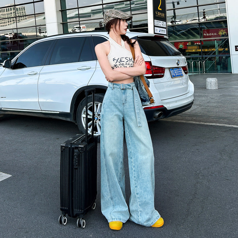 Light-Colored High-Waisted Wide-Leg Jeans for Women - Slimming Draped Waistband