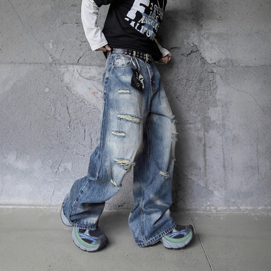Vintage Personality Design Ripped Streetwear Loose Fit Jeans for Men