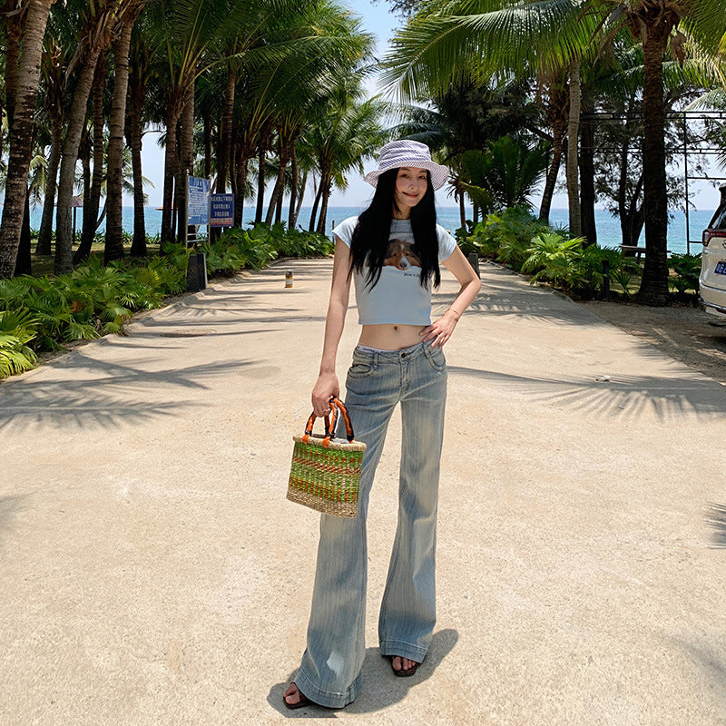 Women's Shallow Blue Flared Jeans - Summer Thin Low Waist Trumpet Pants