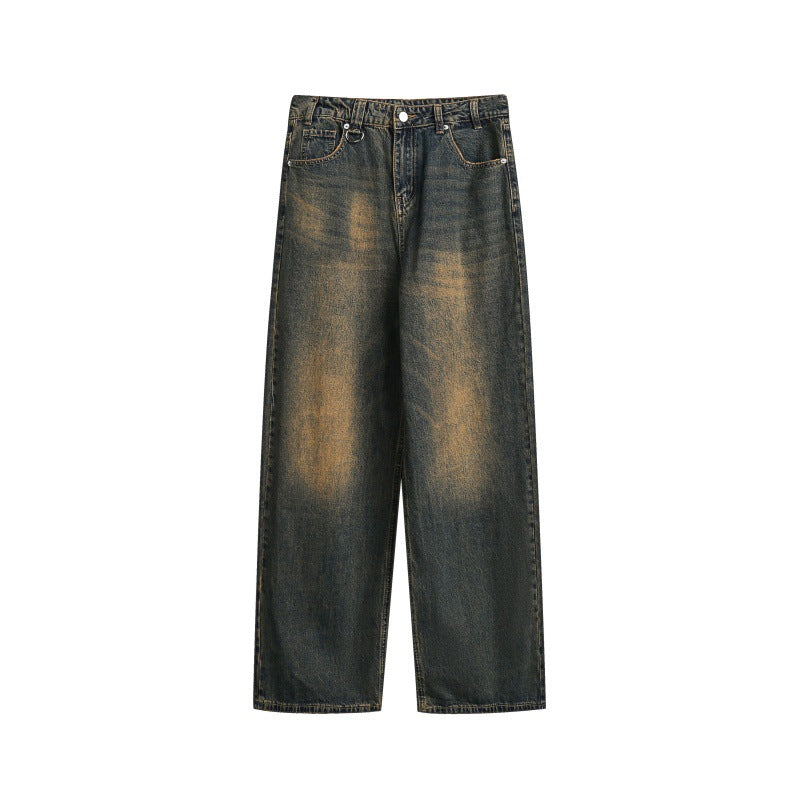 Washed Yellow Mud Color Distressed Loose Straight Leg Jeans