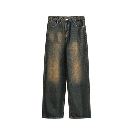 Washed Yellow Mud Color Distressed Loose Straight Leg Jeans