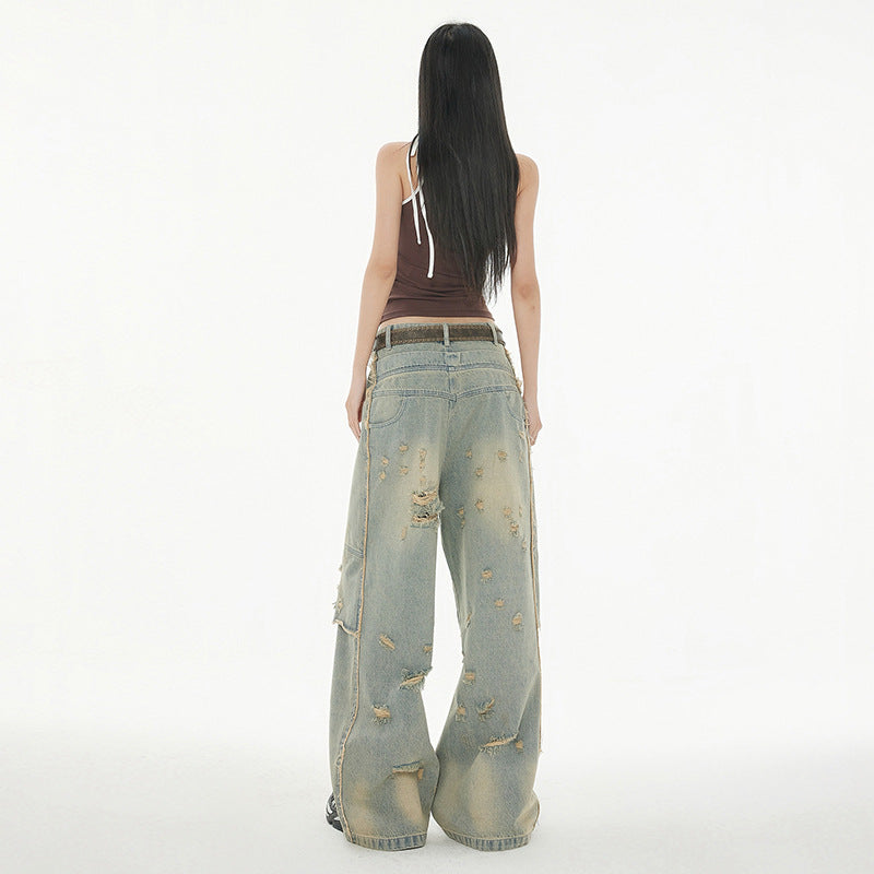 Women's Distressed Slim Floor-Length Wide-Leg Denim Pants for Summer Workwear