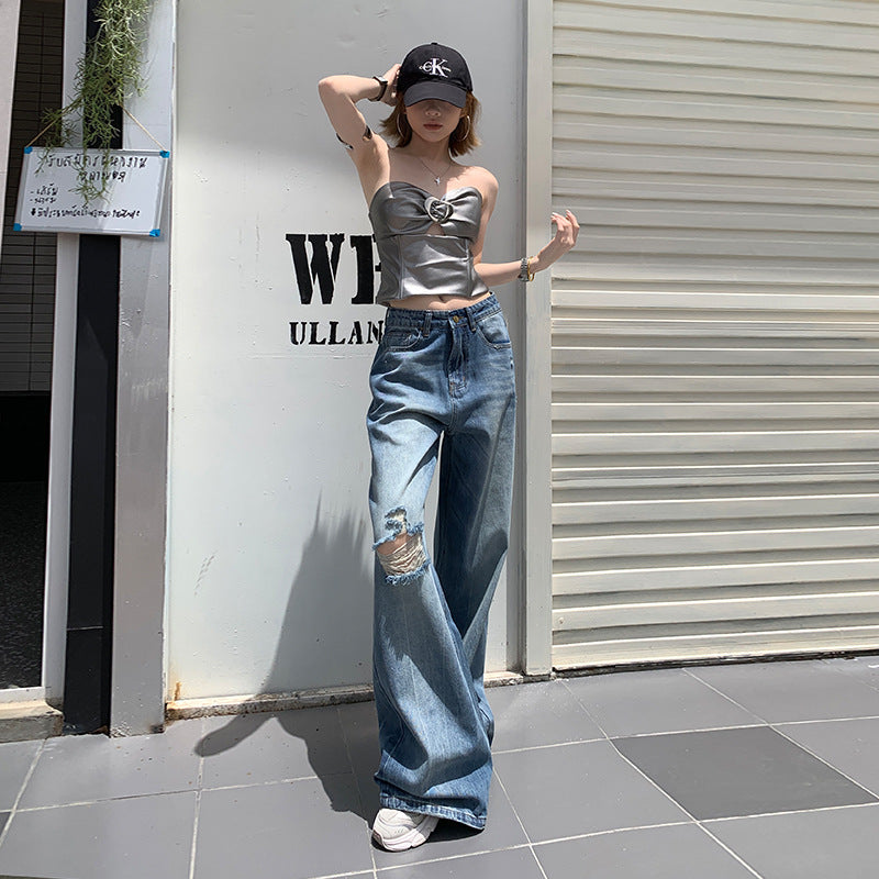 Women's Denim Blue Distressed Wide Leg Pants - Loose Fit Slimming Floor Length Trousers