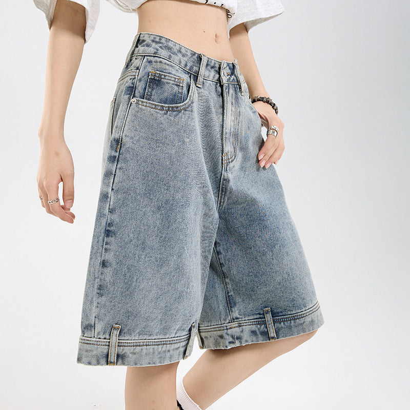Retro Design Denim Shorts for Women - Loose Five-Quarter Pants
