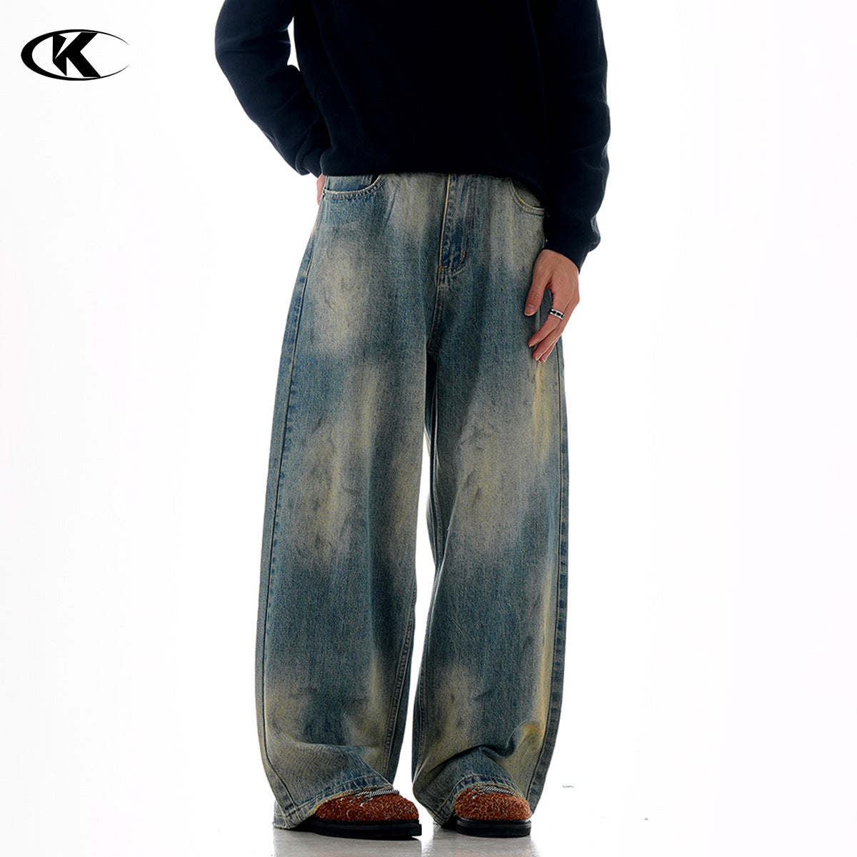 Gradient Faded Scratched Ripped Slim Street Loose Casual Long Pants