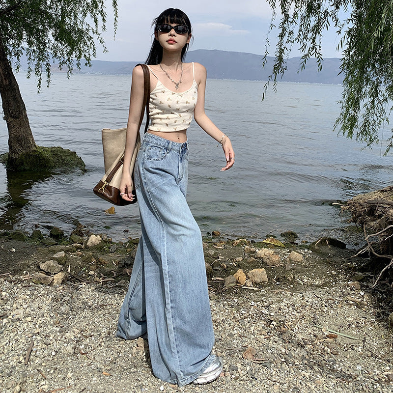 Women's High-Waist Blue Wide-Leg Denim Pants