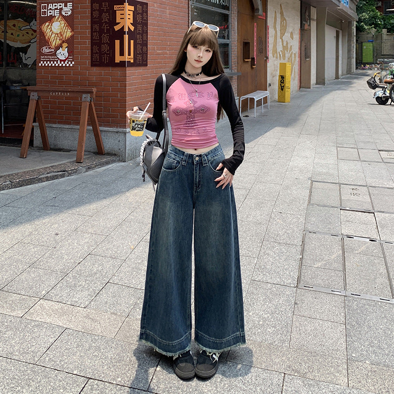 Retro Denim Ankle-Length Pants for Women - High Waist Loose Straight Leg Trousers