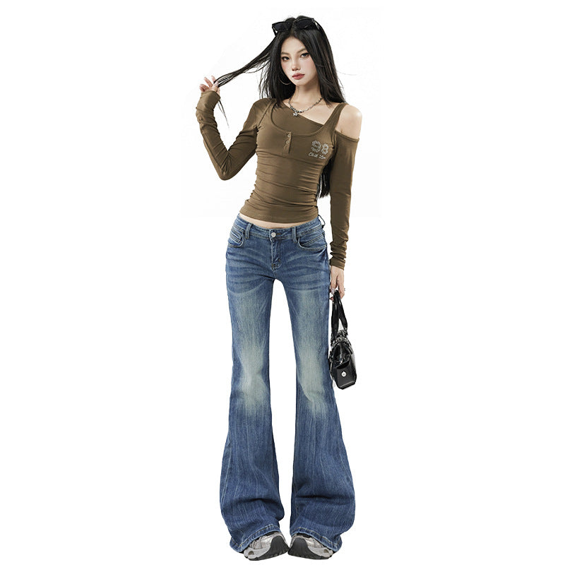 Women's Vintage Blue Low Waist Hip-Lifting Trumpet Pants