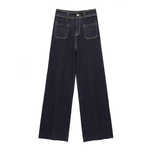 Pocket Embellished High Waist Wide Leg Jeans