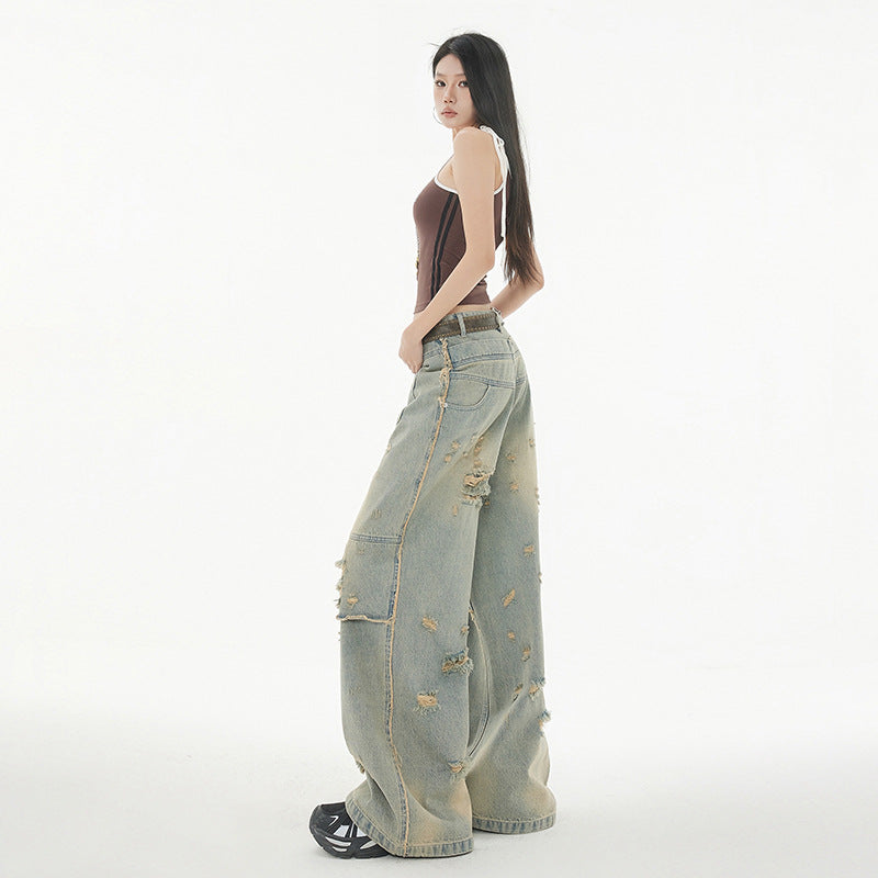 High Street Post-Apocalyptic Style Distressed Denim Pants for Men and Women