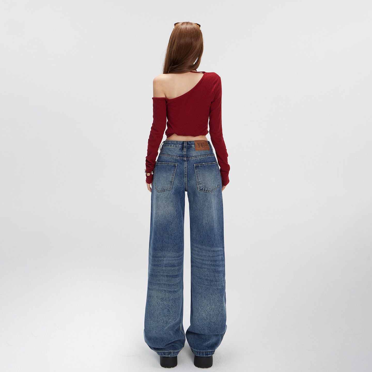Washed Straight Leg Jeans for Women with Textured Design
