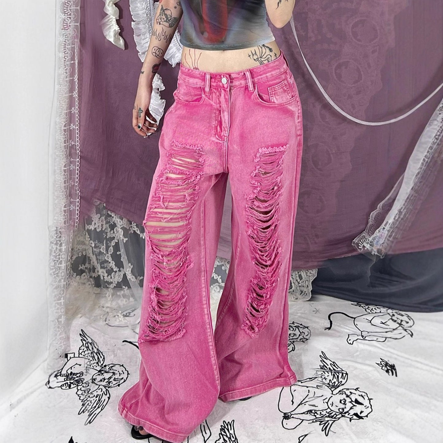 Perforated Hollowed Out Low Waisted Jeans for Women