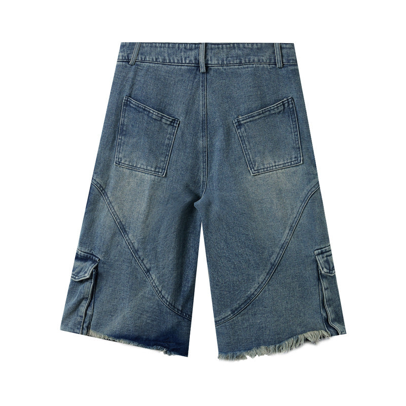 Retro Washed Five-Quarter Casual Shorts Denim Pants - Unisex Multi-Pocket Loose Wide-Leg Pants
