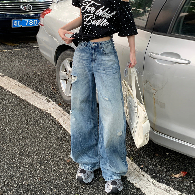 Trendy Ripped Denim Pants for Women - High Waist Loose Fit Straight Leg