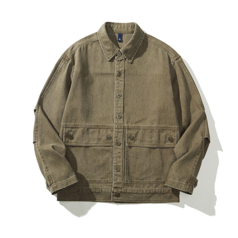 Heavyweight Vintage Workwear Jacket for Men - Loose Fit Distressed Washed Denim-Like Coat