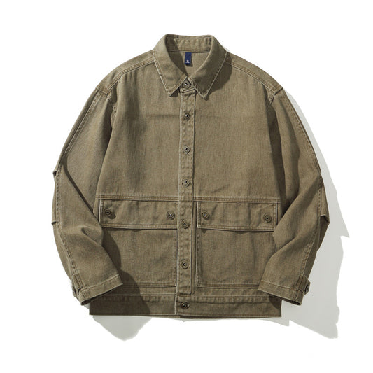 Heavyweight Vintage Workwear Jacket for Men - Loose Fit Distressed Washed Denim-Like Coat