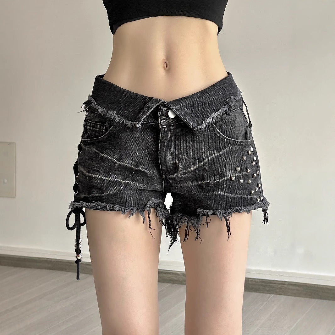 Hippie Spicy Girl Street Motorcycle Style Denim Shorts with Fringe and Rivets