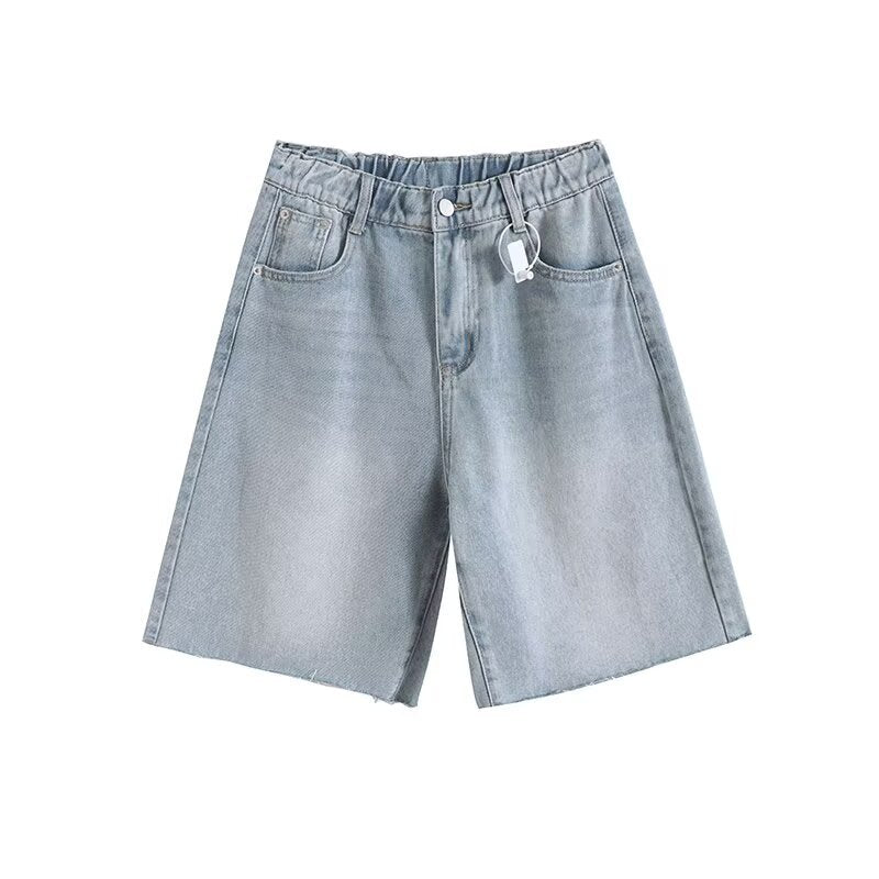 Elastic Waist Frayed Edge Loose Denim Straight Leg Shorts for Women