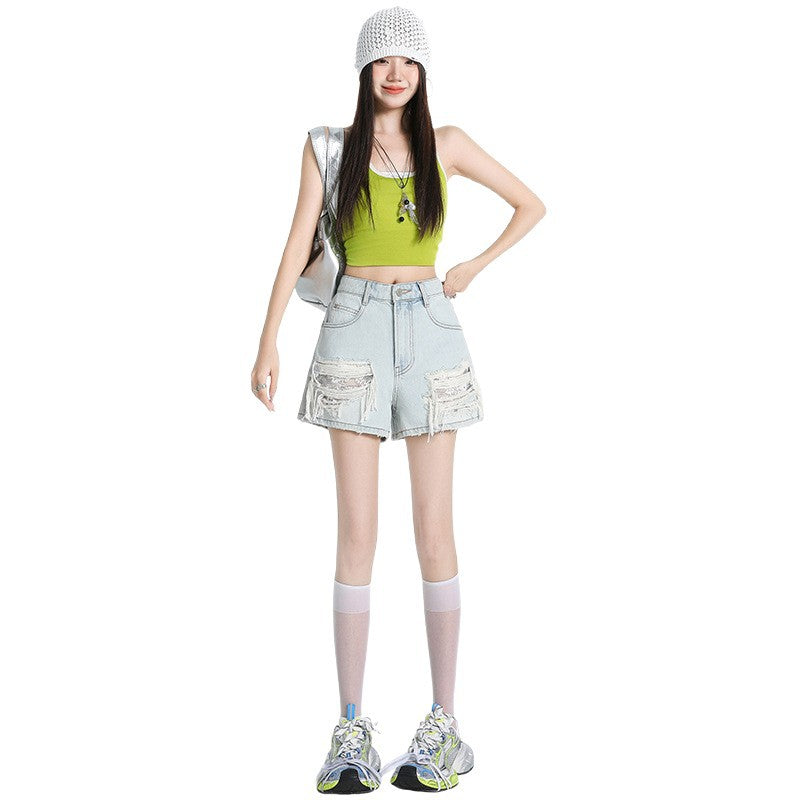 Light Blue Distressed Lace Denim Shorts for Women - High Waist Slim Wide Leg A-Line Hot Pants