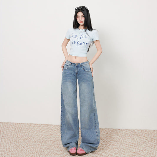 Women's Low-Waist Elastic Pattern Straight Jeans - Summer Light Color Wide-Leg Pants