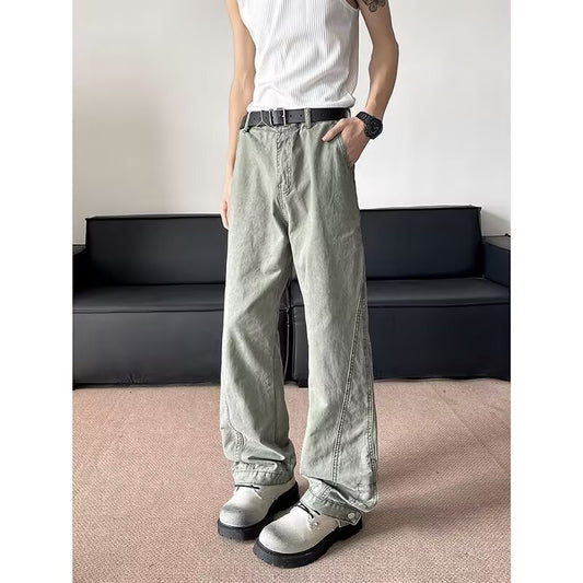 Washed Loose Button Design Slimming Straight Leg Pants