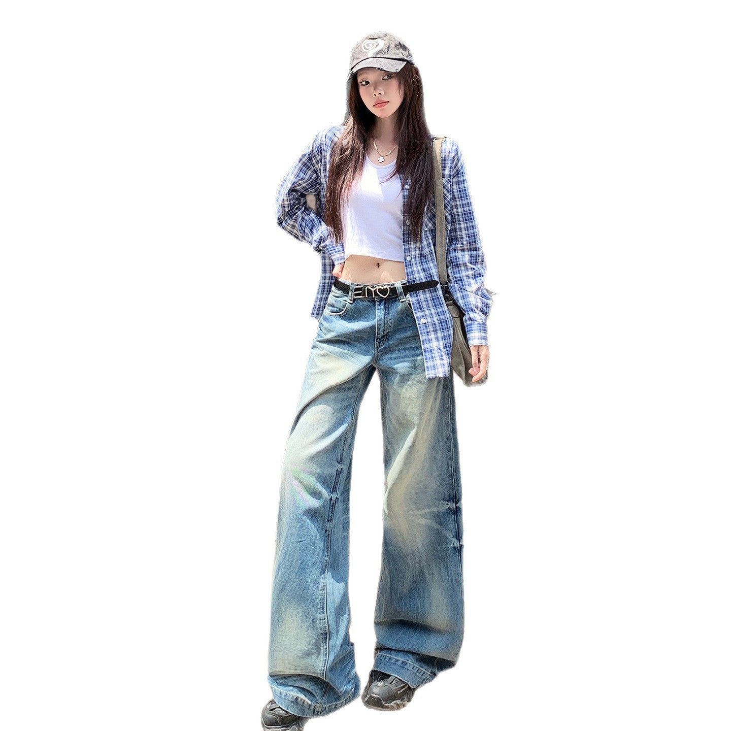 Retro Washed Denim Pants for Women - Loose Fit High Waist Anti-Wrinkle Slim Wide Leg Long Pants