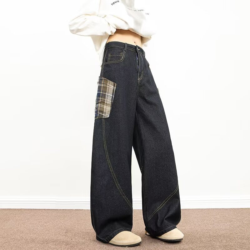 Vintage Plaid Patchwork Large Pocket Curved Jeans