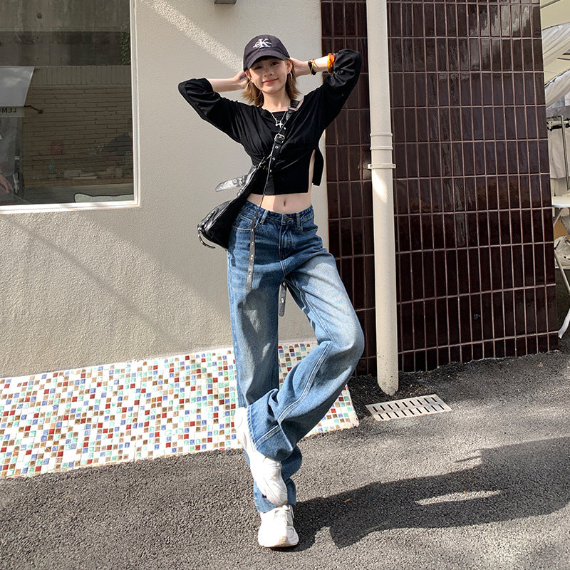 Retro Low-Waist Straight Leg Jeans for Women – Loose Slim Design