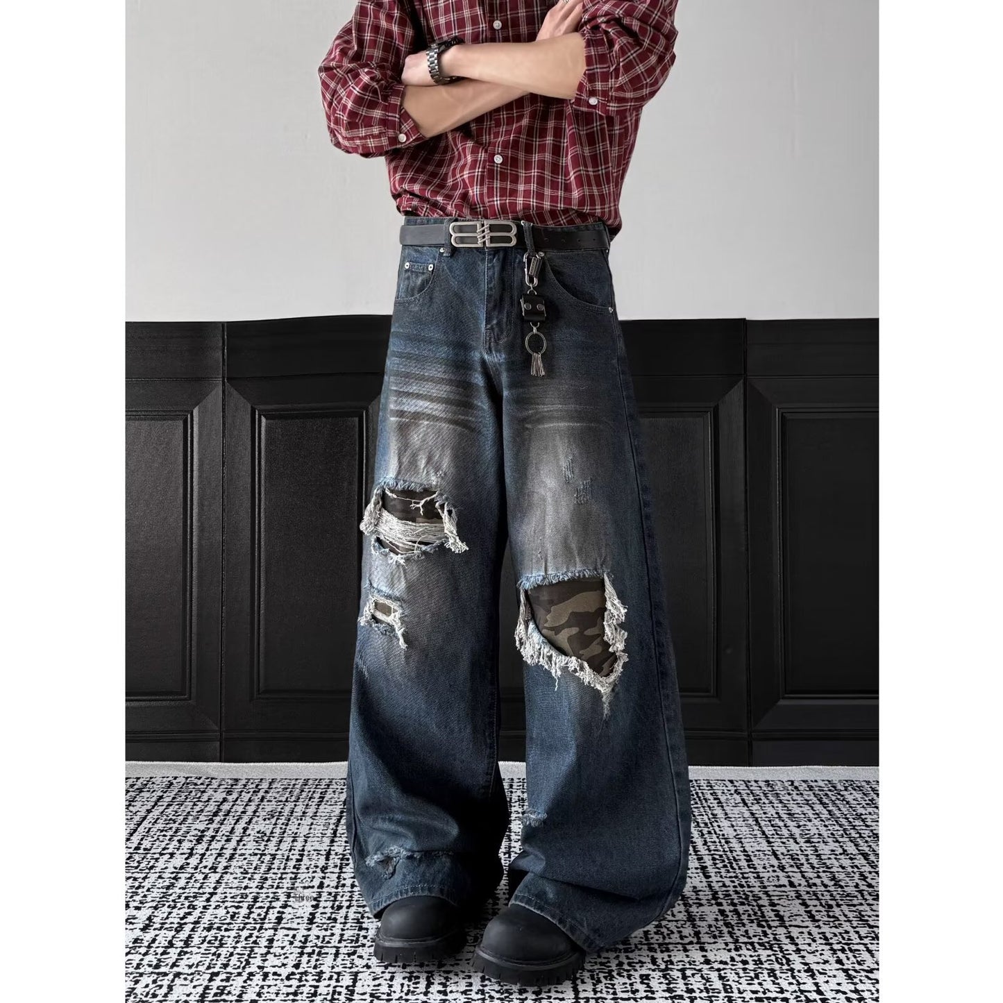 Retro Patch Distressed Camouflage Jeans for Men and Women