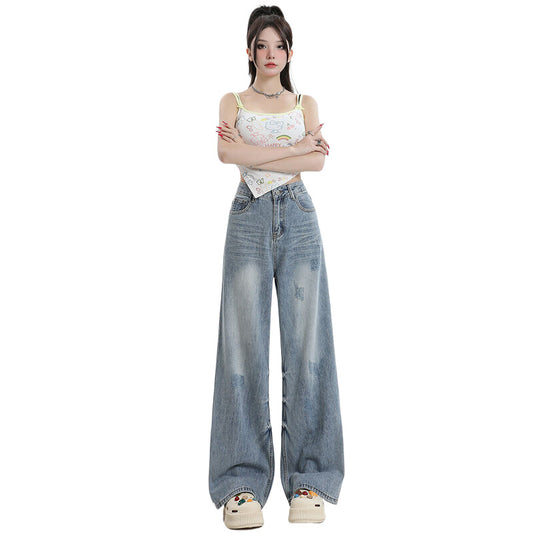 Women's Washed High-Waist Wide-Leg Jeans - Summer Loose Slimming Drape Trousers