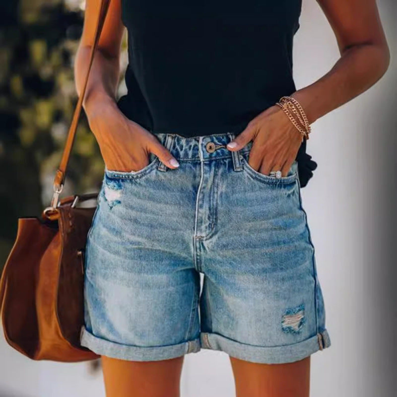 Fashion Street Style Rolled Hem Distressed Straight Leg Women's Denim Shorts