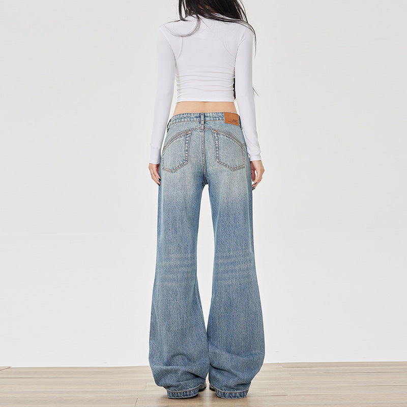 Flared Jeans for Women - Mid-Low Waist Cracked Loose Drape Versatile Pants